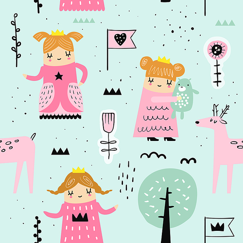Hand Drawn Seamless Pattern with Little Princess. Creative Childish Background with Cute Girls and Animals for Fabric, Textile, Wallpaper, Decoration, Prints. Vector illustration
