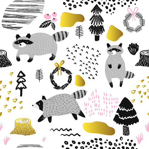 seamless pattern with cute racoon. childish wildlife animals  for fabric textile, wallpaper, wrapping paper, decoration. vector illustration