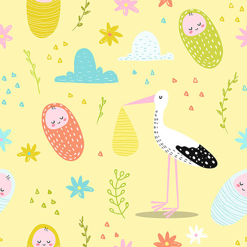 Baby Shower Seamless Pattern with Cute Stork and Newborn Child. Baby Background for Decoration, Wallpaper, Fabric, Congratulations Card. Vector illustration