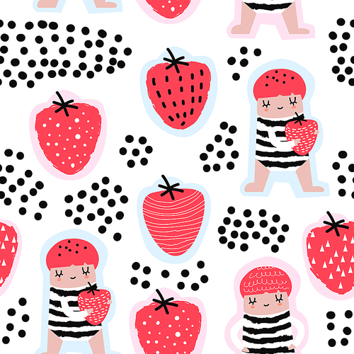 childish seamless pattern with cute girls and strawberries. creative kids  for fabric, textile, wallpaper, wrapping paper. vector illustration