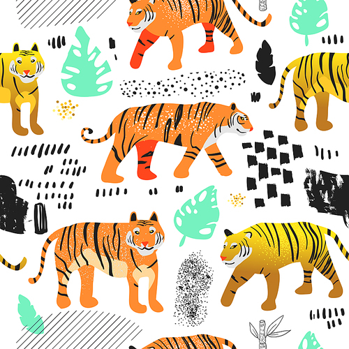 Seamless Pattern with Cute Tigers. Childish Wildlife Animals Background for Fabric Textile, Wallpaper, Wrapping Paper, Decoration. Vector illustration