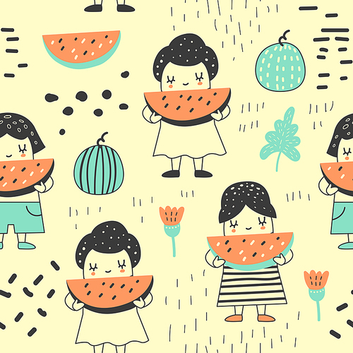 childish seamless pattern with cute girls and watermelons. creative kids  for fabric, textile, wallpaper, wrapping paper. vector illustration
