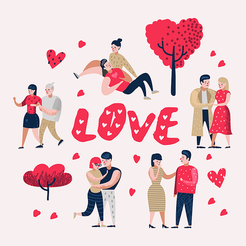 Couple in Love Cartoon Characters People. Valentines Day Doodle with Hearts and Romantic Elements. Love and Romance Concept. Vector illustration