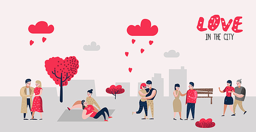 People in Love Characters for Poster, Banner. Valentines Day Doodle with Hearts and Romantic Elements. Love and Romance Concept. Vector illustration