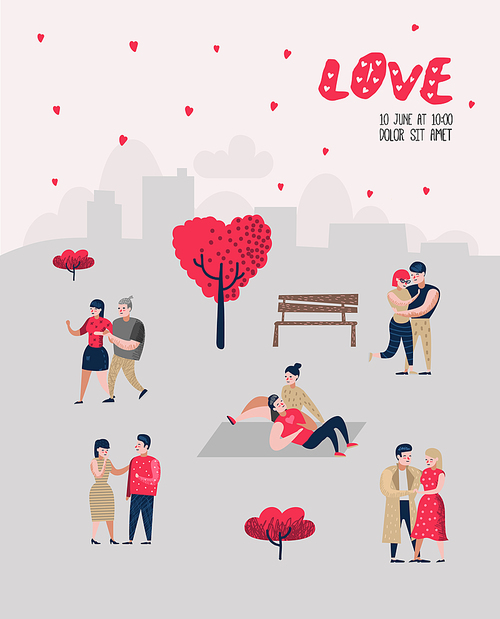 People in Love Characters for Poster, Banner. Valentines Day Doodle with Hearts and Romantic Elements. Love and Romance Concept. Vector illustration