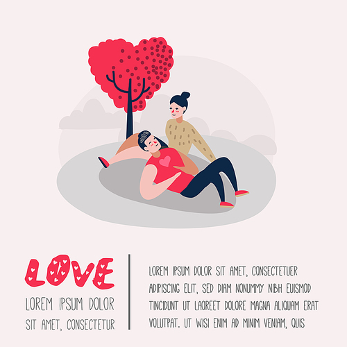 Couple in Love Characters for Poster, Banner. Valentines Day Doodle with Hearts and Romantic Elements. Love and Romance Concept. Vector illustration