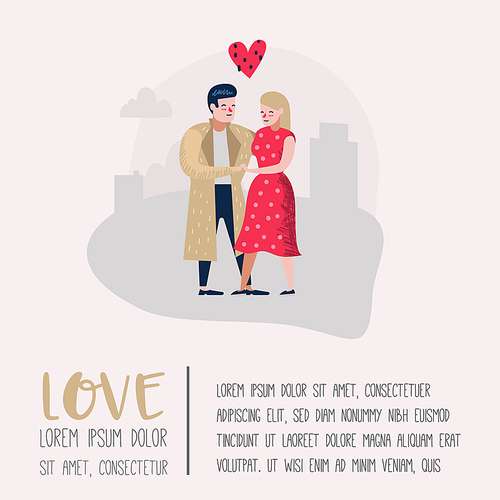 Couple in Love Characters for Poster, Banner. Valentines Day Doodle with Hearts and Romantic Elements. Love and Romance Concept. Vector illustration