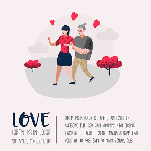 Couple in Love Characters for Poster, Banner. Valentines Day Doodle with Hearts and Romantic Elements. Love and Romance Concept. Vector illustration