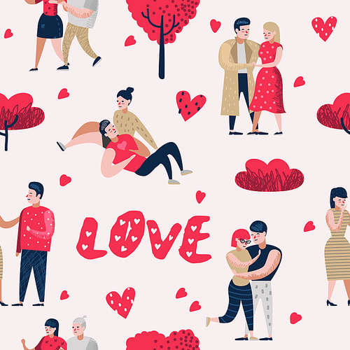 Couple in Love Cartoon Characters People Seamless Pattern. Valentines Day Background with Hearts and Romantic Elements. Love and Romance Concept. Vector illustration