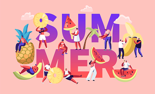 Summer Season Concept. Tiny Characters in Swimwear and Huge Ripe Fruits Pineapple Banana Watermelon. Healthy Food, Fresh Juice Drinks Poster Banner Flyer Brochure. Cartoon Flat Vector Illustration