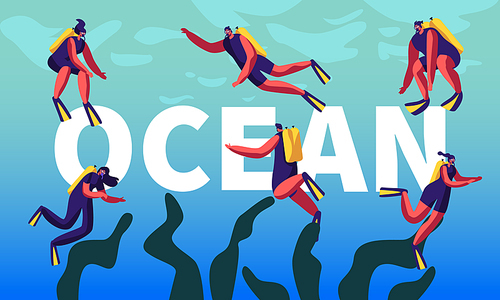 Divers in Ocean Concept. Snorkeling Male and Female Characters Underwater Fun Activities, Hobby, Swimming, Scuba Diving, Equipment Poster, Banner, Flyer, Brochure. Cartoon Flat Vector Illustration
