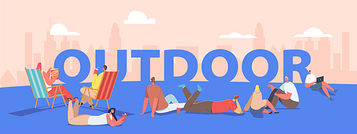 Outdoor Sparetime Concept. People Spend Time Open Air Walking in Park, Relaxing on Chaise Longue. Male and Female Characters Relaxing Activity Poster, Banner or Flyer. Cartoon Vector Illustration