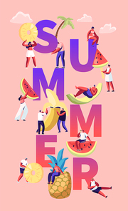 Summer Season Concept. Tiny Characters in Swimwear and Huge Ripe Fruits Pineapple Banana Watermelon. Healthy Food, Fresh Juice Drinks Poster Banner Flyer Brochure. Cartoon Flat Vector Illustration