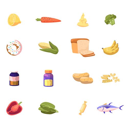 Icons Set Lemon, Carrot and Cheese, Broccoli, Donut and Corn with Bread. Banana, Vitamin Bottle and Potato. Pasta, Bell Pepper and Tuna Fish Isolated on White Background. Cartoon Vector Illustration