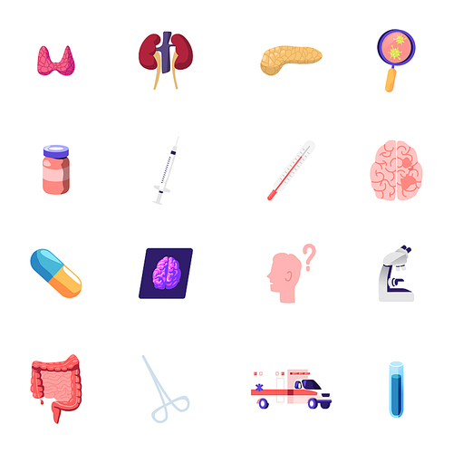 Icons Set Thyroid, Kidneys and Magnifier with Virus Cells, Medicine Bottle, Syringe and Thermometer, Brain, Pill and Xray. Human Head, Microscope, Intestines and Test Tube. Cartoon Vector Illustration