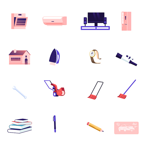 Icons Set Oven, Conditioner and Tv with Refrigerator, House, Iron and Hand Watch with Spyglass. Wrench, Lawn Mower and Snow Removal Scoop with Pen and Pencil, Books or Car. Cartoon Vector Illustration