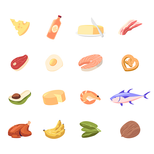 Set of Icons Cheese, Oil in Bottle and Butter, Meat Steak and Fried Egg. Fish Piece with Pretzel and Avocado, Prawn, Tuna and Chicken with Banana, Spinach and Nut. Cartoon Vector Illustration