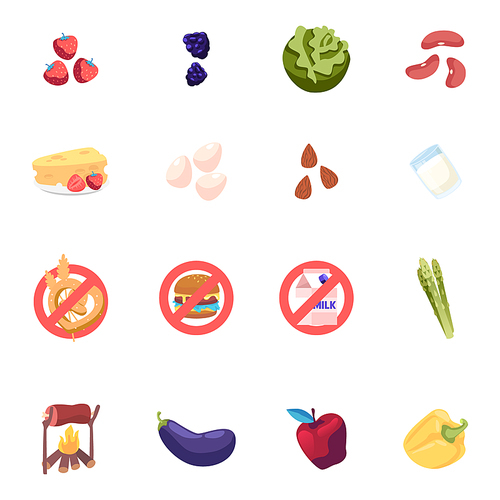Set of Icons Strawberry, Blackberry and Cabbage with Beans, Cheese, Eggs, Almond and Asparagus. Milk and Gluten Intolerance, Burger and Pretzel with Eggplant and Meat. Cartoon Vector Illustration