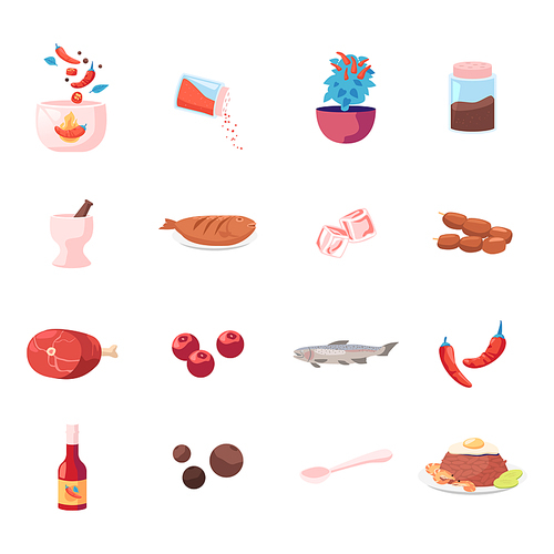 Set of Icons Food and Condiments Red Hot Chilli Pepper, Allspice, Mortar and Fried Fish, Ice Cubes, Meat on Skewers and Raw Meat, Spice Sauce, Spoon and Thai Rice Meal. Cartoon Vector Illustration