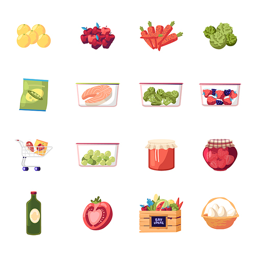 Set of Icons Farm Products Fresh Fruit, Vegetable and Eggs, Raw Fish and Frozen Veggies. Berries Jam in Glass Jar, Lemons and Carrot with Cabbage. Broccoli, Tomato and Oil. Cartoon Vector Illustration