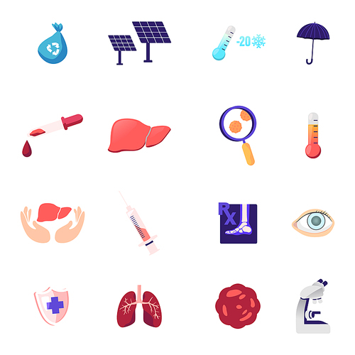 Set of Icons Recycling Litter Bag, Solar Panels and Thermometer with Umbrella, Dropper with Blood, Liver and Magnifying Glass with Germs, Syringe, Xray Foot and Eye, Lungs. Cartoon Vector Illustration