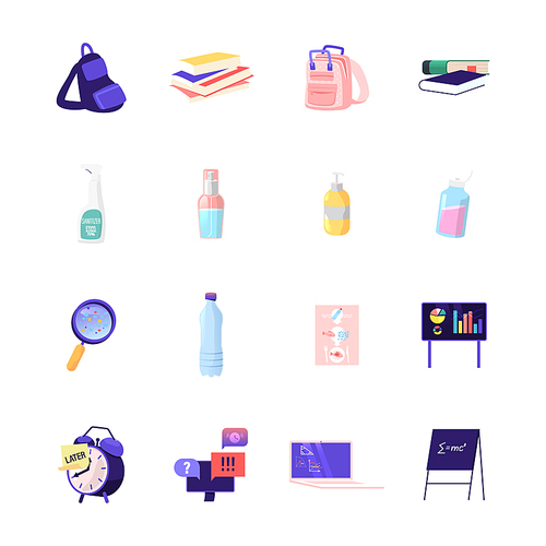 Set of Icons Student Rucksack, Books and School Textbooks, Sanitizer Bottles, Plastic Pollution, Statistics Charts with Alarm Clock, Blackboard with Formulas and Magnifier. Cartoon Vector Illustration