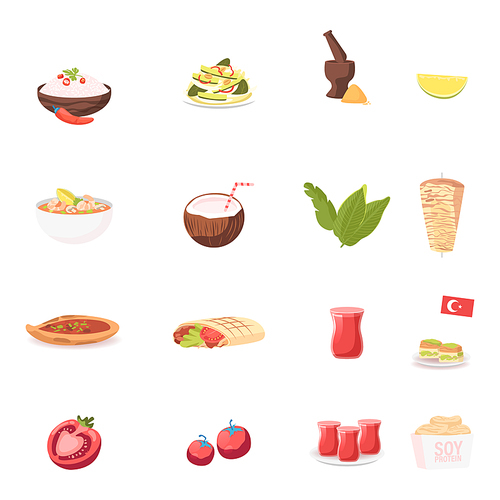 Set of Icons Rice with Chili Pepper, Salad with Cucumber and Mortar, Soup with Shrimps, Coconut Drink and Shawarma, Turkish Pita, Doner Kebab and Tea, Tomato, Soy Protein. Cartoon Vector Illustration