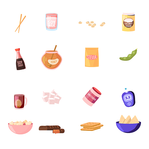 Set of Icons Wooden Chopsticks, Soy Milk, Sauce and Beans, Coconut and Cane Sugar, Honey in Jar, Stevia Package and Tea with Lemon, Sweeteners Bottle, Glucometer, Popcorn. Cartoon Vector Illustration