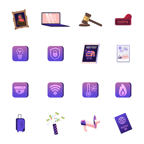 Set of Icons Masterpiece Picture, Laptop with Online Auction Application, Wooden Gavel and Stamp for Visa Approval. Green Energy Lamp, Smart Home Technology Buttons. Cartoon Vector Illustration