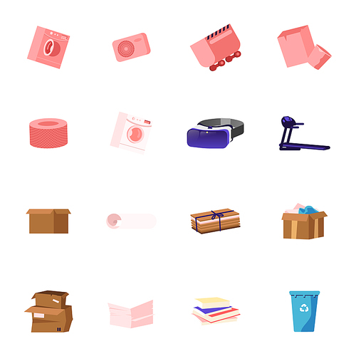 Set of Icons Washing Machine, Quarry Trolley and Glasses of Virtual Reality, Treadmill, Carton Boxes and Stack of Paper, Scroll, Recycling Litter Bin, Wastepaper Rubbish. Cartoon Vector Illustration