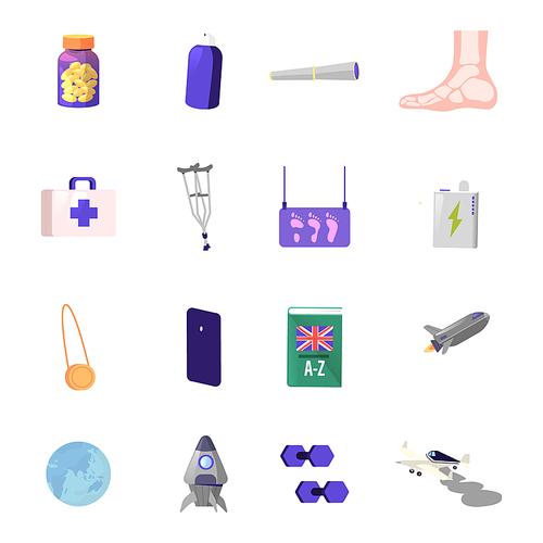 Set of Isolated Icons Pills Bottle, Spyglass, Foot with Bones. Medical Toolbox, Crutch, X-ray and Flat Foot,Powerbank, Power, Bank. Medicine, Sport and Space Exploration. Cartoon Vector Illustration