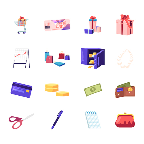 Set Shopping Trolley with Gift Box, Discount Coupon and Presents, Data Analysis Graph, Paper bags and Safe with Money, Purse with Credit Card, Bills and Coins, Stationery. Cartoon Vector Illustration