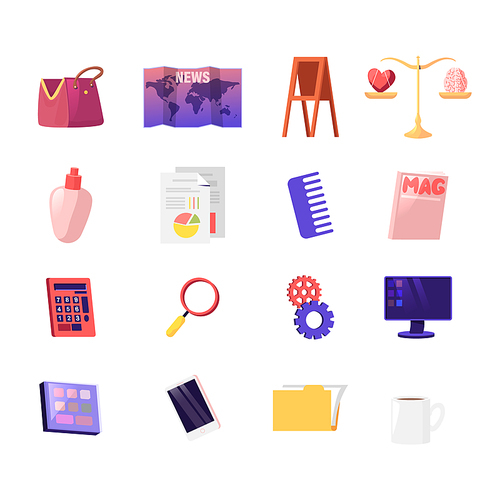 Set Bag, Map and Easel, Scales with Heart and Brain, Flask, Data Analysis Documents and Comb, Magazine, Calculator and Magnifier. Cogwheels, Computer and Eyeshadow Palette. Cartoon Vector Illustration