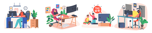 Set Teenagers and Kids Gamers Playing Computer Games, Characters Wear Headset or Vr Glasses Sitting at Pc Desktops. Cyber Sport Tournament, Home Fun Technologies. Cartoon People Vector Illustration