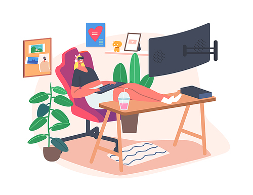 Gamer Girl with Keyboard in Hands Wear VR Glasses Playing Computer Games with Professional Desktop and Equipment. Teenager Character Gaming Activity, Addiction Cartoon People Vector Illustration