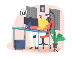 Character Wear Headset Sitting at Multiple Professional Desktops and Equipment Conduct Streaming, Gamer Playing Computer Games, Cyber Sport Technologies, Tournament. Cartoon People Vector Illustration
