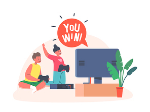 Kids Virtual Reality Entertainment, Gaming Fun, Hobby. Little Boy and Girl Playing Video Games. Happy Children Character Sit front of Tv Set with Joysticks in Hands. Cartoon People Vector Illustration