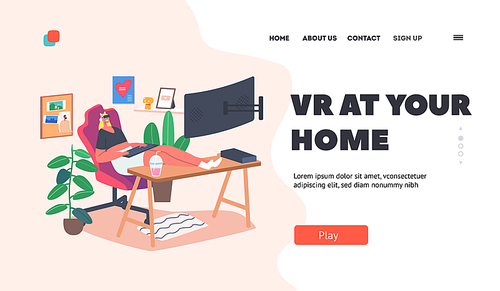 Virtual Reality Landing Page Template. Gamer Girl with Keyboard in Hands and VR Glasses Playing Computer Games with Desktop and Equipment. Teenager Character Gaming. Cartoon People Vector Illustration