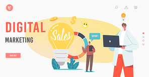 Digital Marketing Landing Page Template. Sales Strategies and Business Idea Concept with Tiny Businessmen Characters with Gadgets at Huge Light Bulb and Pie Chart. Cartoon People Vector Illustration