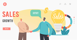 Sales Growth Landing Page Template. Tiny Businessmen Characters Shaking Hands at Huge Bulb and Pie Chart with Business Statistics or Analytics Corporate Information. Cartoon People Vector Illustration