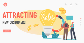 Attracting New Customers Landing Page Template. Tiny Businessman and Businesswoman Characters at Huge Light Bulb and Pie Chart with Statistics Analytics Information. Cartoon People Vector Illustration