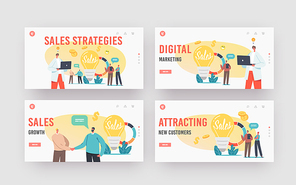 Sales Strategies Landing Page Template Set. Tiny Businessmen and Businesswomen Characters at Huge Light Bulb and Pie Chart with Statistics or Analytics Information. Cartoon People Vector Illustration