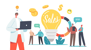 Sales Strategies Business Concept with Tiny Businessmen and Businesswomen Characters at Huge Light Bulb and Pie Chart with Statistics or Analytics Information. Cartoon People Vector Illustration