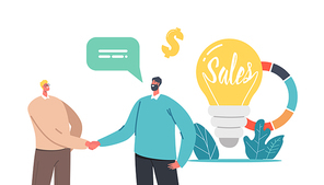 Sales Strategies Concept. Tiny Businessmen Characters Shaking Hands at Huge Light Bulb and Pie Chart with Business Statistics or Analytics Corporate Information. Cartoon People Vector Illustration