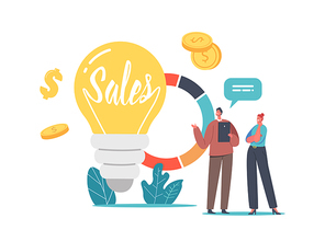 Sales Strategies and Business Idea Concept with Tiny Businessman and Businesswoman Characters at Huge Light Bulb and Pie Chart with Statistics Analytics Information. Cartoon People Vector Illustration