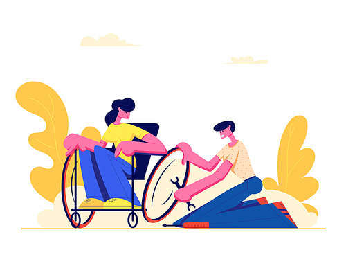 Young Disabled Woman Sitting in Wheelchair, Man Repair Wheel. Love, Family, Human Relations, Disability. Boyfriend and Handicapped Girlfriend Walking Outdoors, Invalid Cartoon Flat Vector Illustration