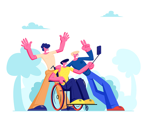 Group of Friends with Disabled Man in Wheelchair in Center Making Selfie Outdoors. Friendship, Human Relations, Cheerful Male Characters Taking Picture on Phone Camera Cartoon Flat Vector Illustration
