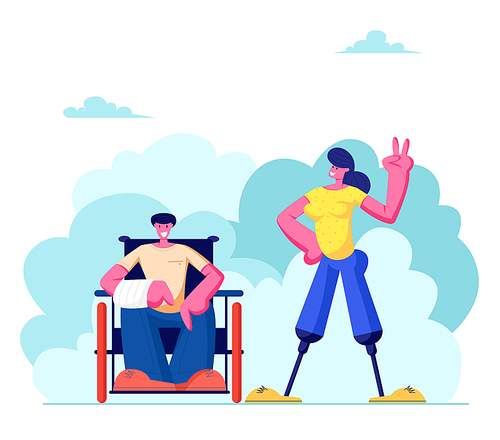 Disabled Man with Broken Hand Sitting on Wheelchair and Woman with Legs Prosthesis Walking Outdoors, Motivation, Bodypositive. Invalids Family or Friends Couple, Love. Cartoon Flat Vector Illustration
