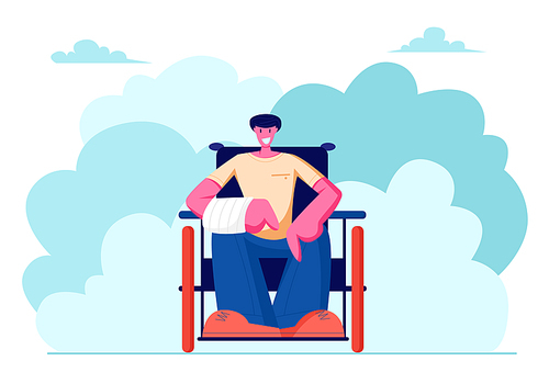 Cheerful Smiling Disabled Man with Broken Hand Sitting on Wheelchair Walking Outdoors, Motivation, Bodypositive. Invalid or Handicapped Person Enjoying Full Life. Cartoon Flat Vector Illustration