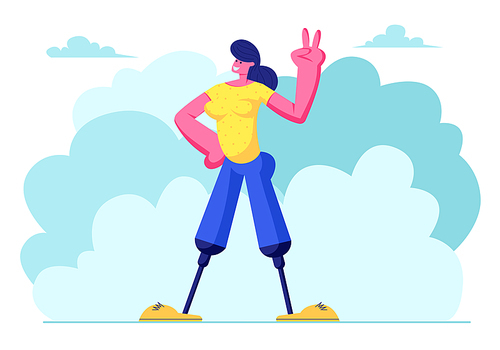 Disabled Woman with Legs Prosthesis Smiling and Showing Victory Gesture by Hand, Walking Outdoors, Motivation, Bodypositive. Invalid Handicapped Girl Enjoying Life. Cartoon Flat Vector Illustration
